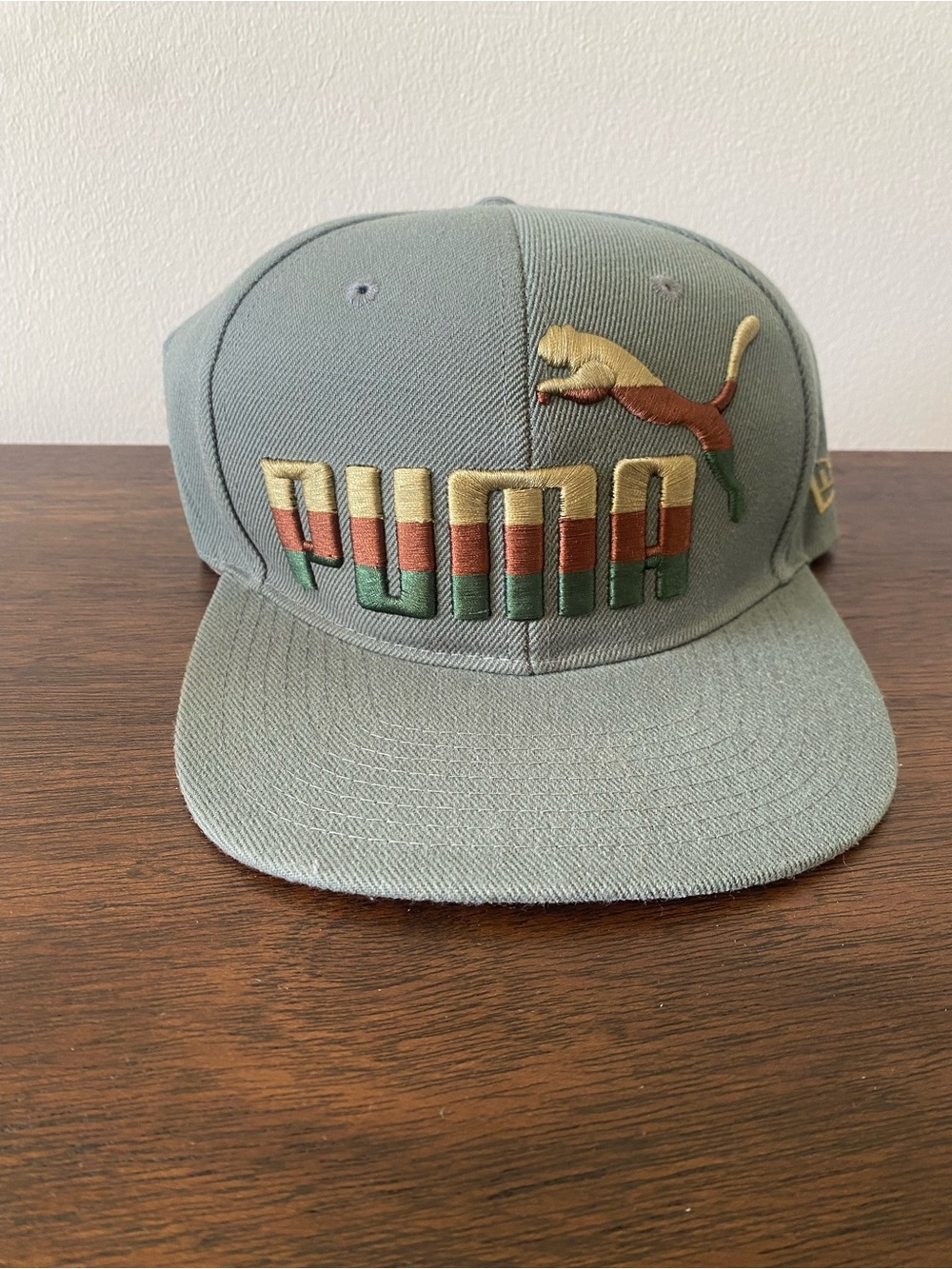 VTG Puma New Era Flat Brim Hat Sage Green Red Gold Embroidered Logo